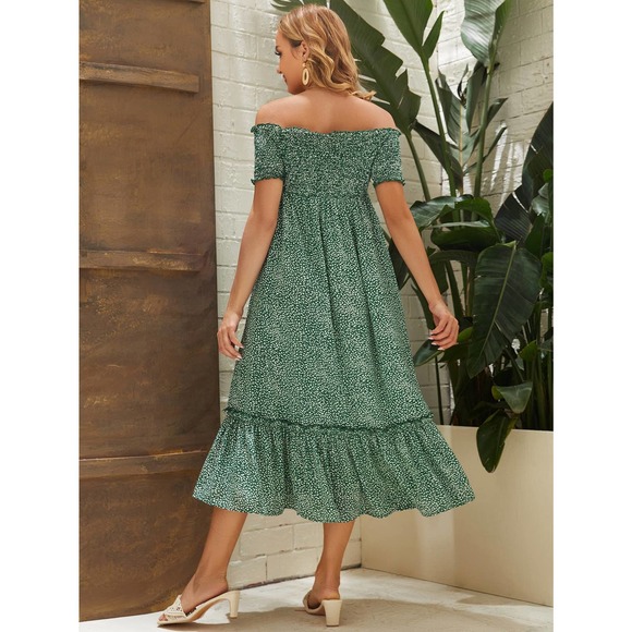 MATERNITY floral Print Off Shoulder Shirred Split Thigh midi Dress green - Picture 2 of 5